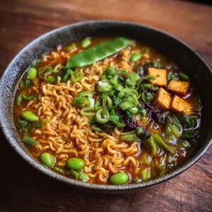 Gros plan sur un bol de nouilles ramen vegan protéinées avec tofu, edamame et légumes verts.