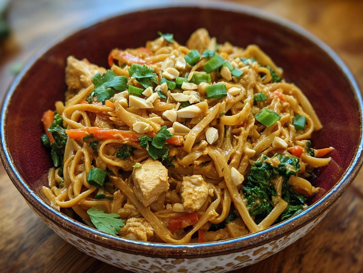 Gros plan de Nouilles Thaï au Poulet dans un bol, garnies de cacahuètes et d'oignons verts.