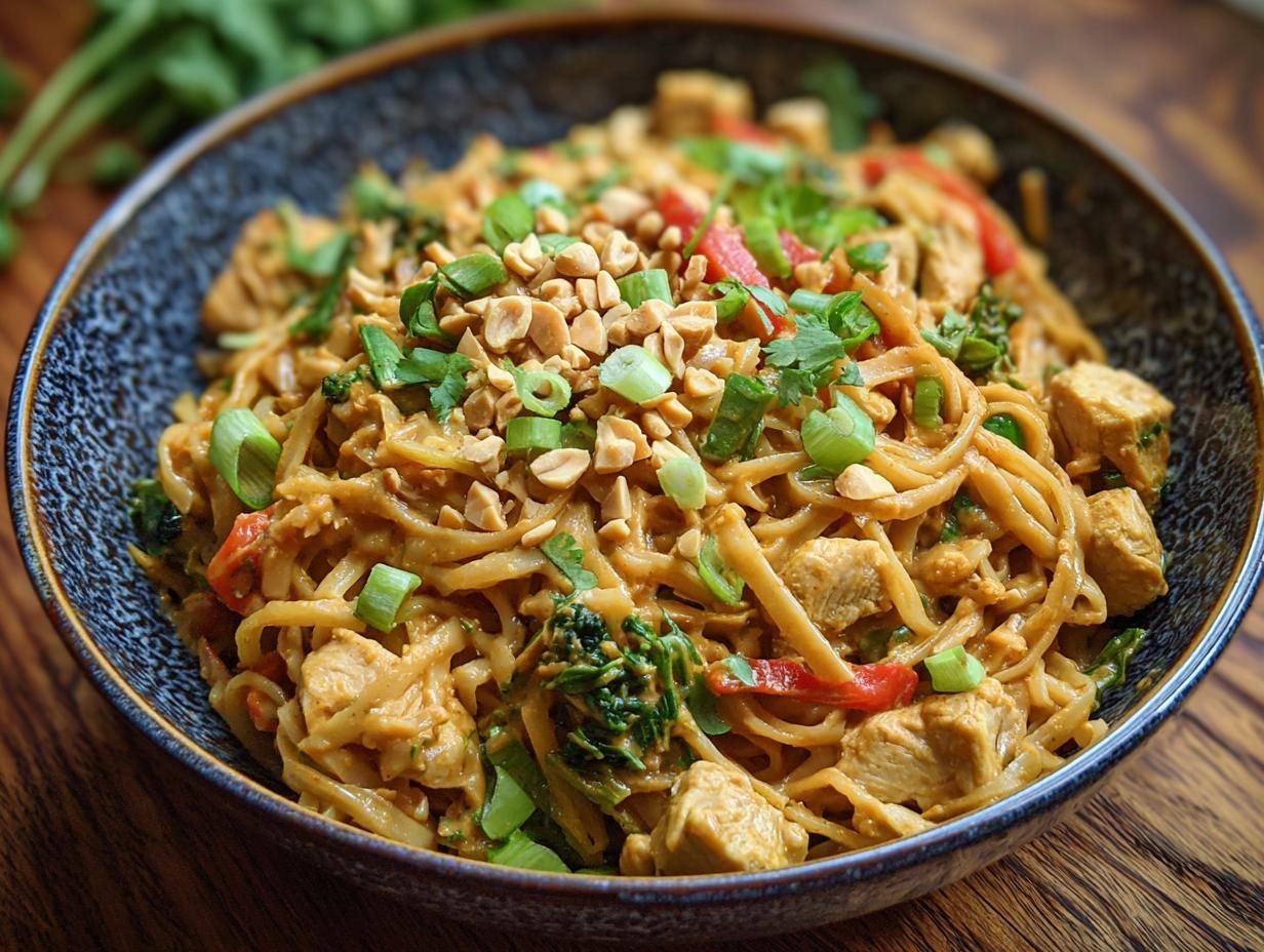 Gros plan de nouilles thaï au poulet, garnies de cacahuètes et d'oignons verts.