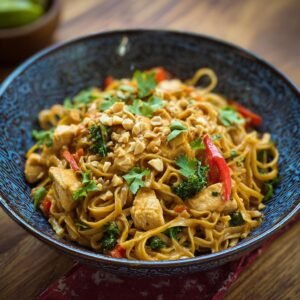 Gros plan sur des nouilles thaï au poulet, garnies de cacahuètes concassées et de coriandre fraîche.