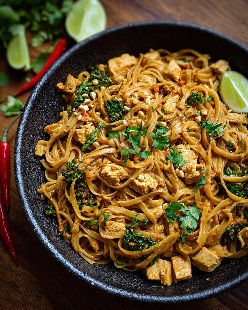 Gros plan sur des nouilles thaï au poulet, garnies de coriandre et d'arachides concassées, avec des quartiers de citron vert et des piments rouges.