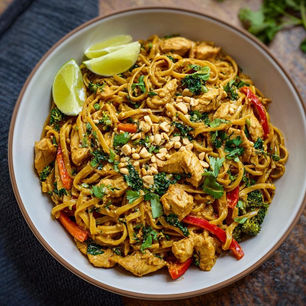 Gros plan de nouilles thaï au poulet avec brocolis, poivrons rouges et cacahuètes concassées, garnies de coriandre et de quartiers de citron vert.