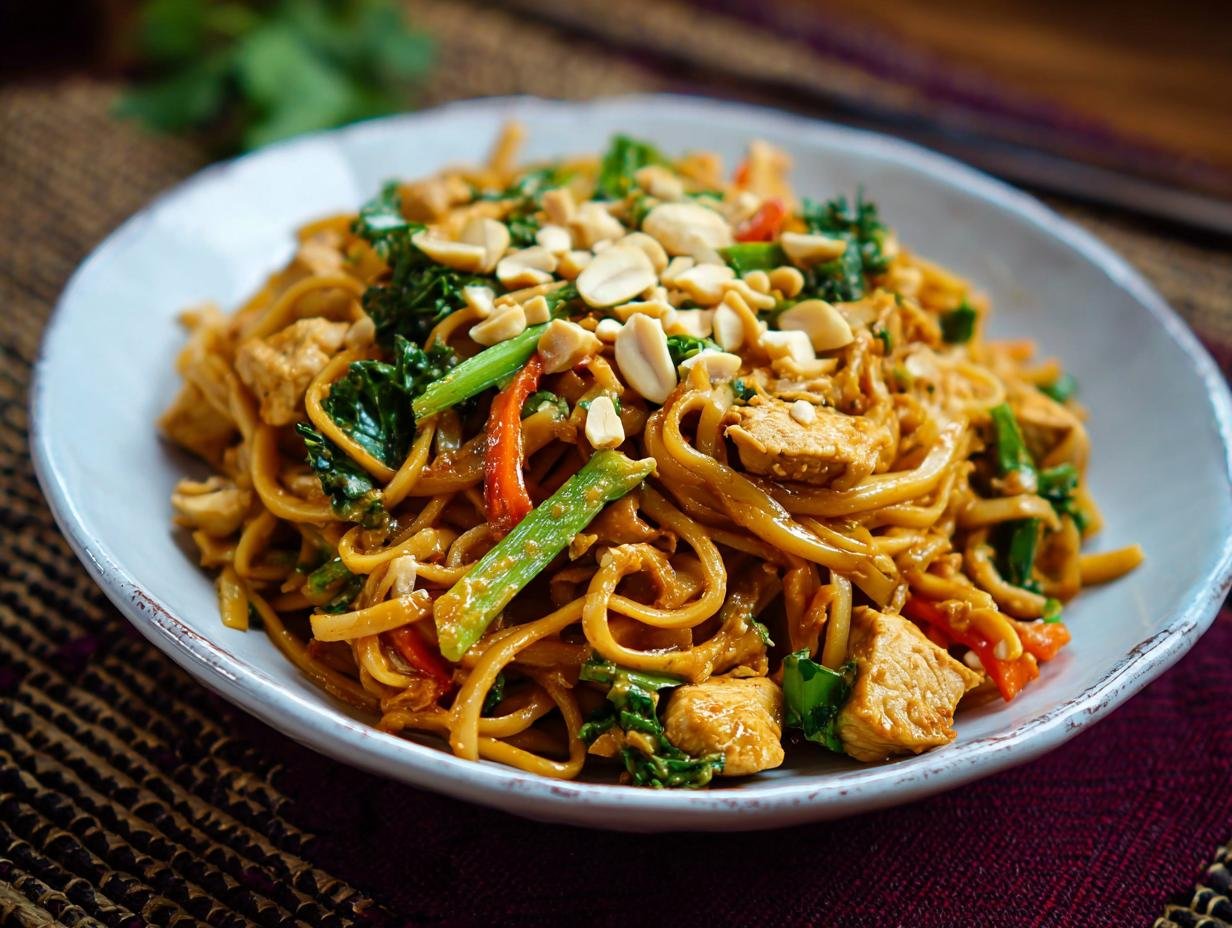 Gros plan de nouilles thaï au poulet avec des légumes croquants et des cacahuètes concassées.