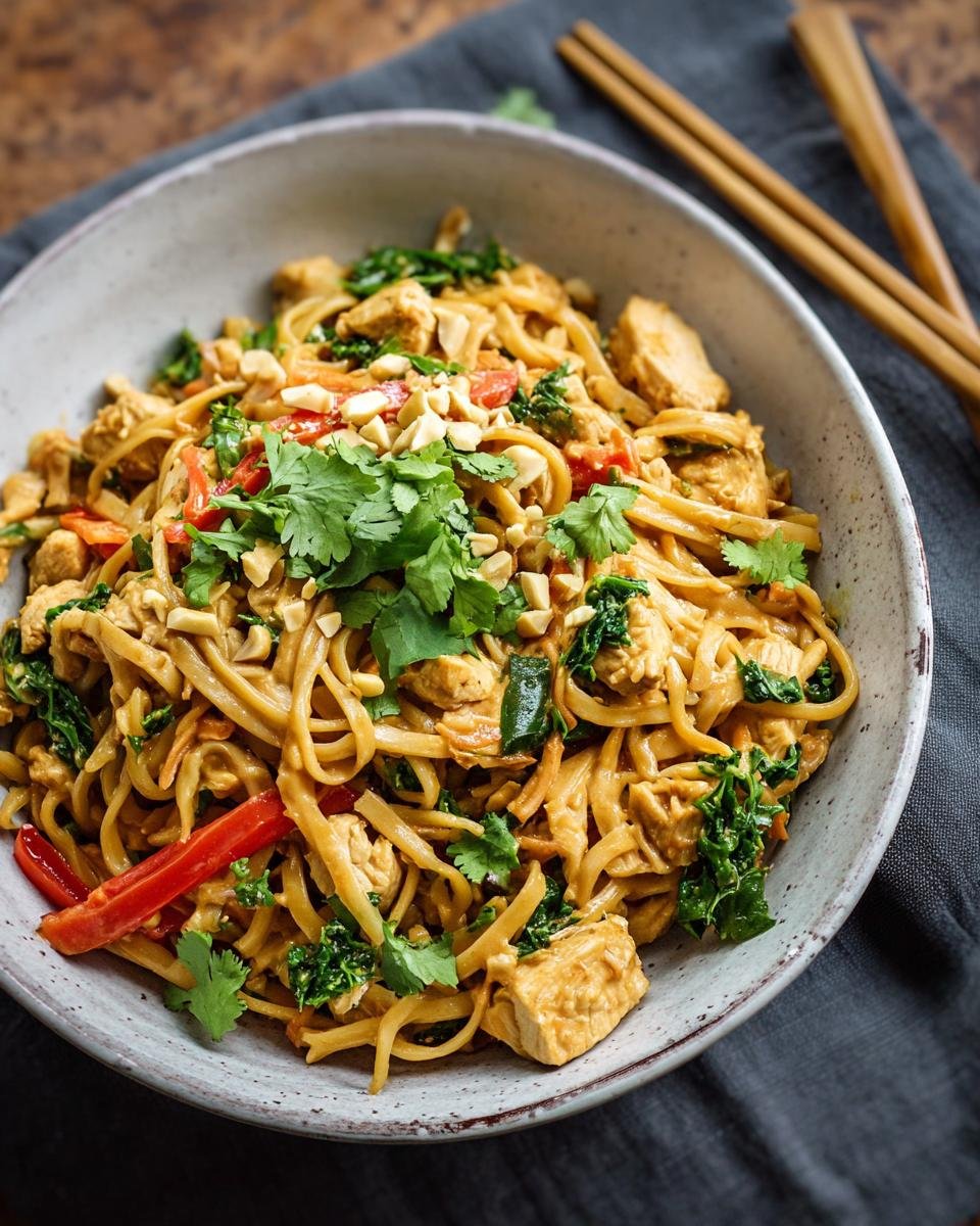 Gros plan de nouilles thaï au poulet, garnies de coriandre fraîche, cacahuètes et poivrons rouges.
