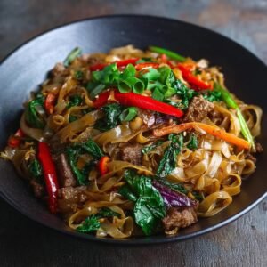 Gros plan de nouilles thaïlandaises de rue avec du bœuf, des légumes et des piments rouges.