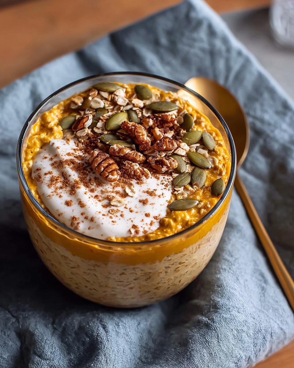 Overnight oats citrouille protéinés dans un verre, garni de yaourt, graines de citrouille et noix.