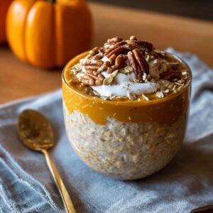 Overnight oats citrouille protéinés dans un verre, garni de noix de pécan et de yaourt.