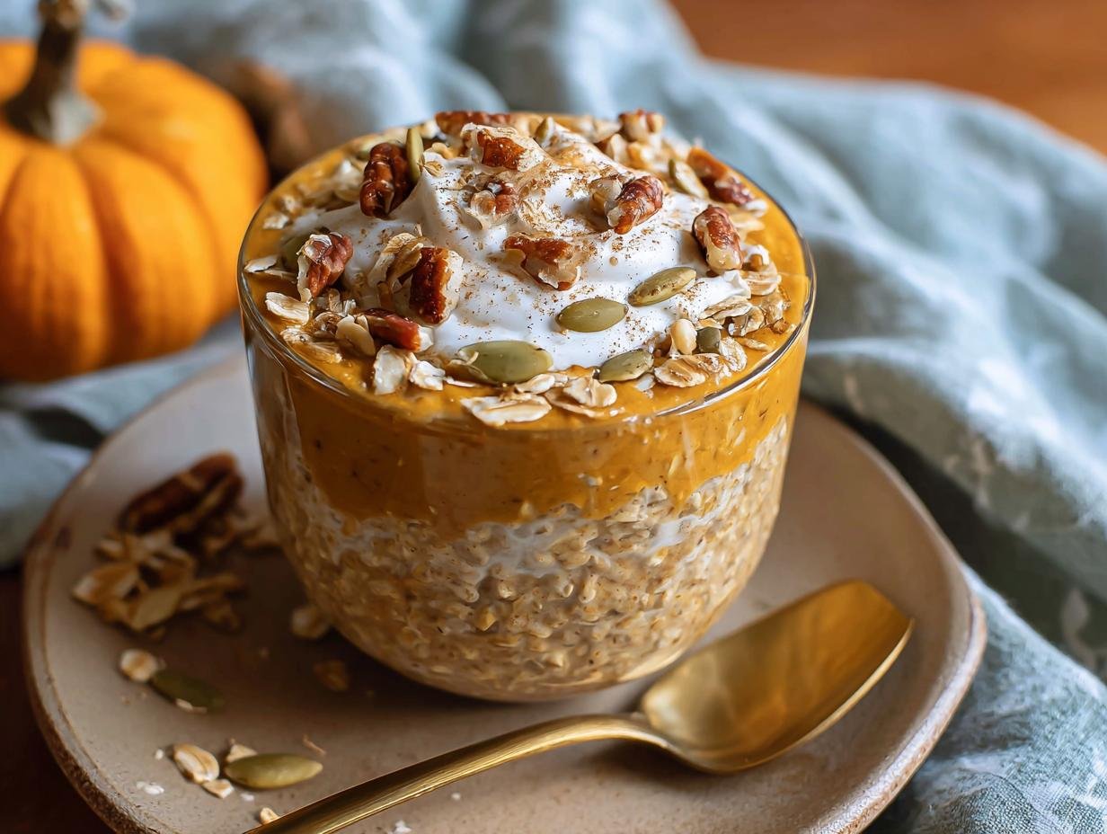 Gros plan sur des Overnight Oats Citrouille Protéinés dans un verre, garni de crème, noix et graines.