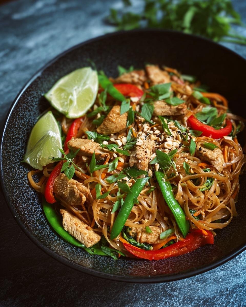 Plat de Pad Thaï au poulet sain avec nouilles, légumes croquants, poulet et quartiers de citron vert.