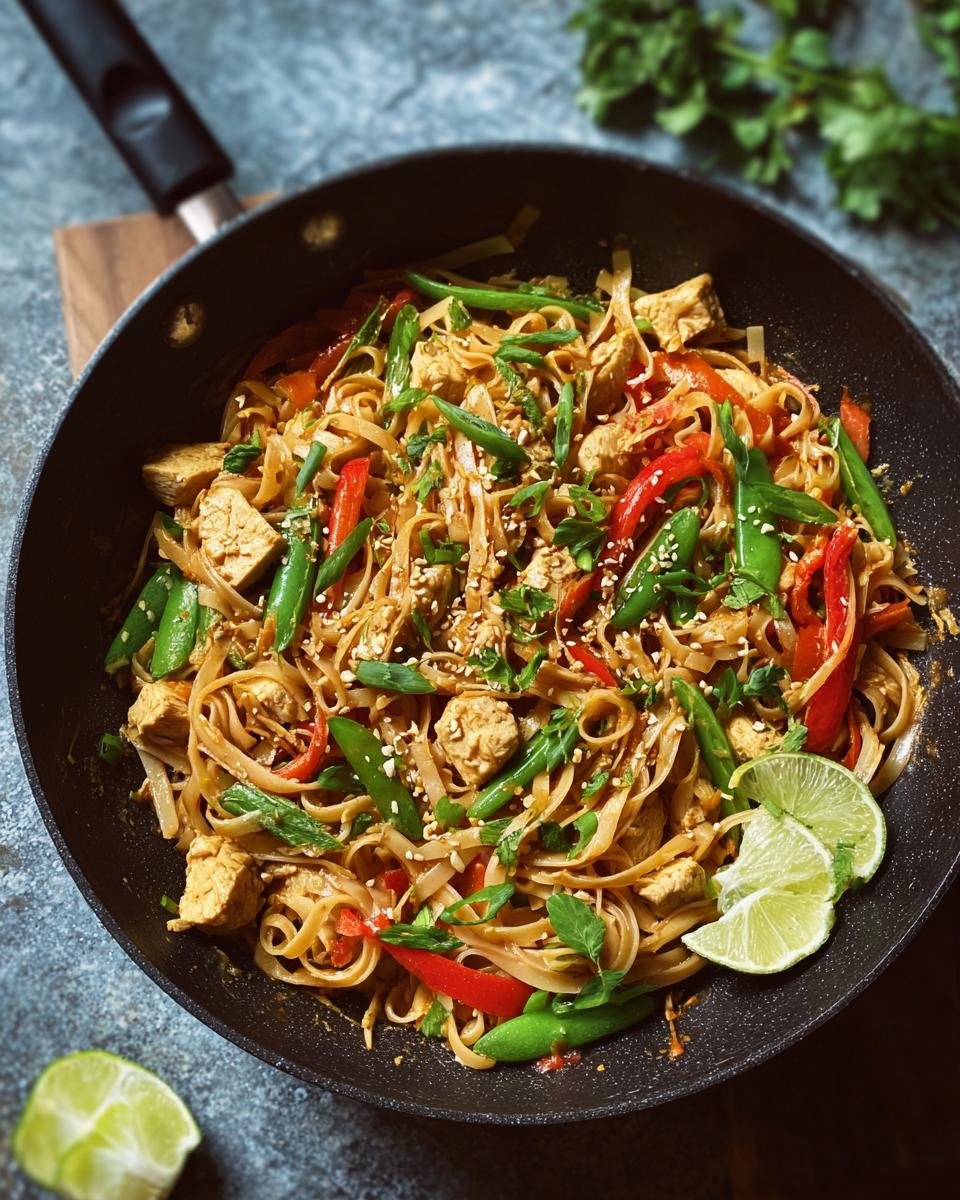 Gros plan d'une poêle remplie de Pad Thaï au poulet sain avec des nouilles, des légumes et du poulet.