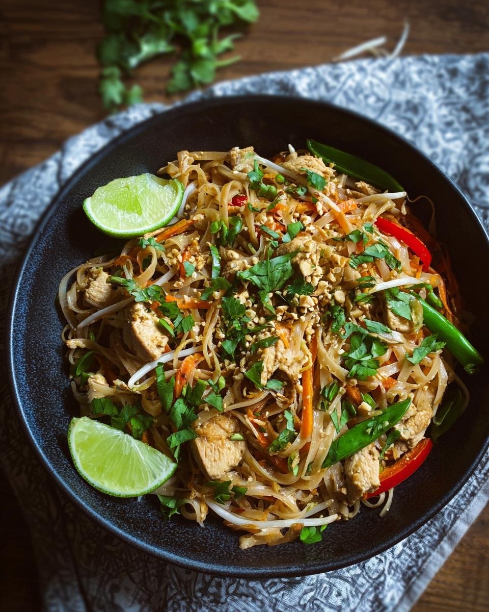 Gros plan sur une assiette de Pad Thaï au poulet sain, garni de coriandre, cacahuètes concassées et quartiers de citron vert.