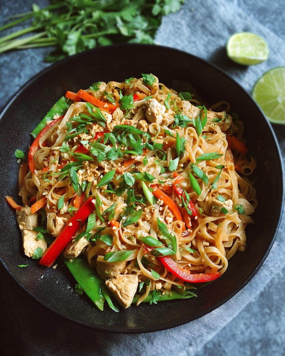 Bol de Pad Thaï au poulet sain avec nouilles, légumes et garniture d'herbes fraîches.