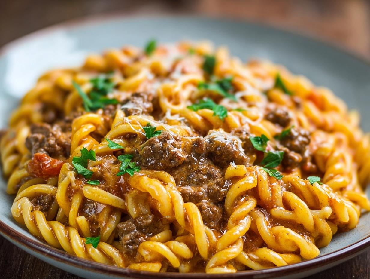 Gros plan sur des pâtes crémeuses au bœuf, garnies de persil frais et de fromage râpé.