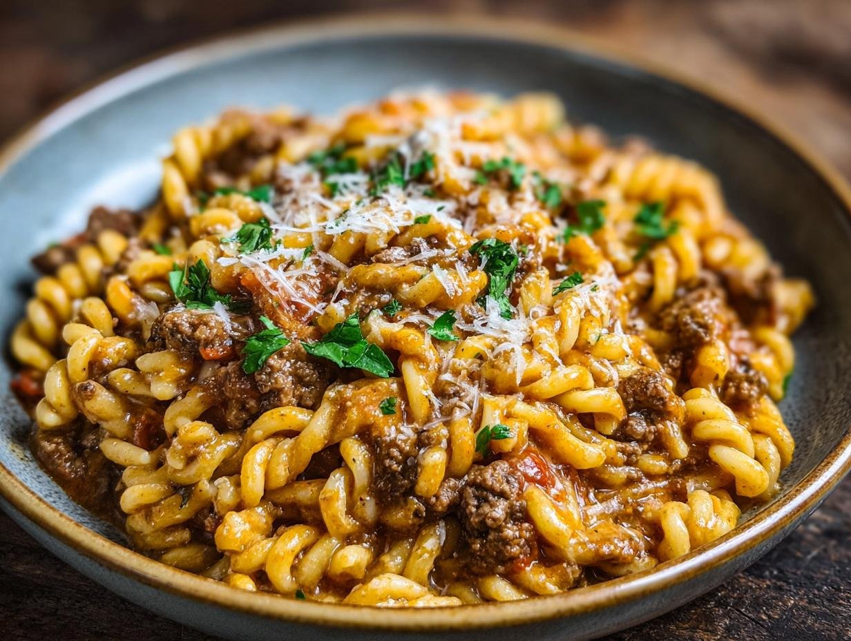 Gros plan sur des pâtes crémeuses au bœuf, garnies de parmesan râpé et de persil frais.
