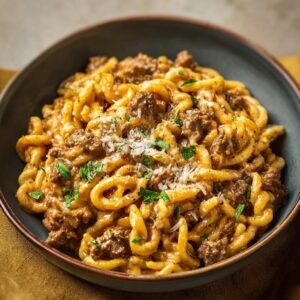 Gros plan sur des pâtes crémeuses au bœuf, garnies de parmesan râpé et de persil frais.