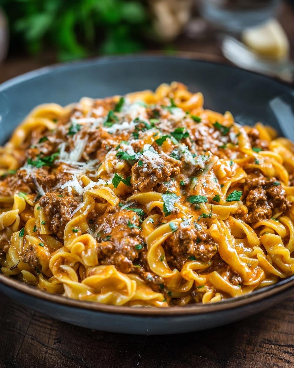 Gros plan de pâtes crémeuses au bœuf, garnies de persil frais et de parmesan râpé.