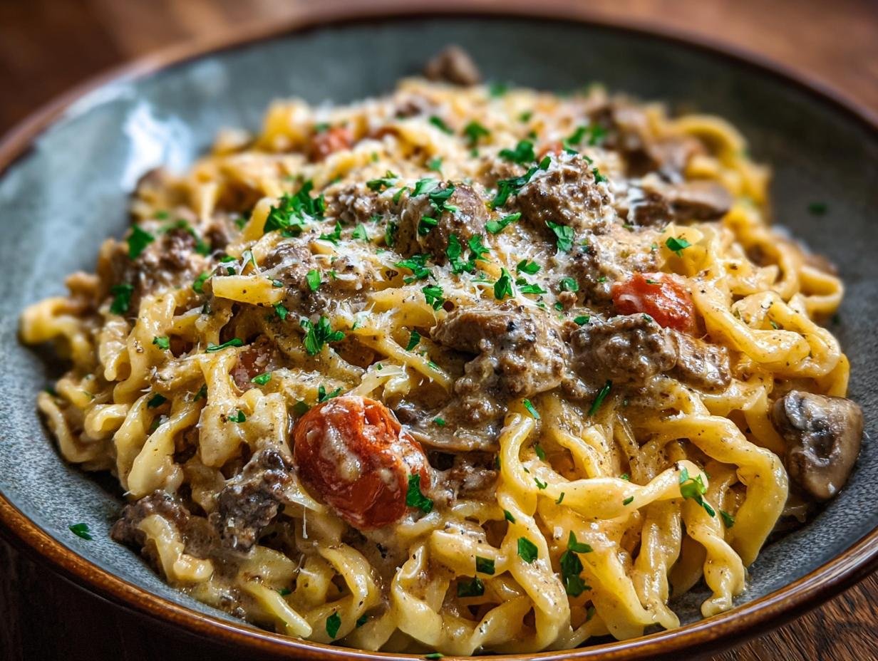 Gros plan sur des pâtes crémeuses au bœuf, garnies de persil frais et de parmesan.