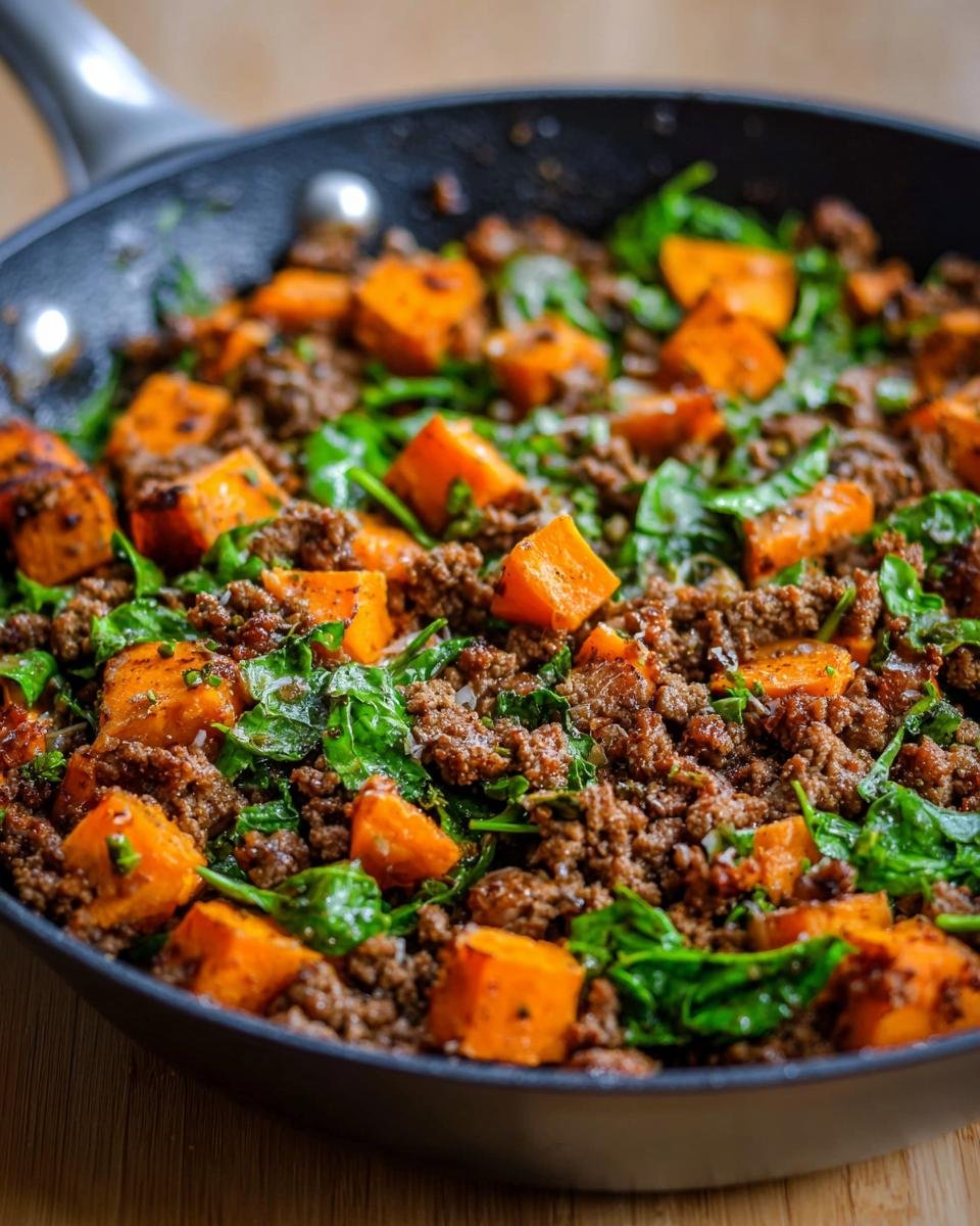 Gros plan d'une poêlée de bœuf haché et patate douce avec des épinards frais.