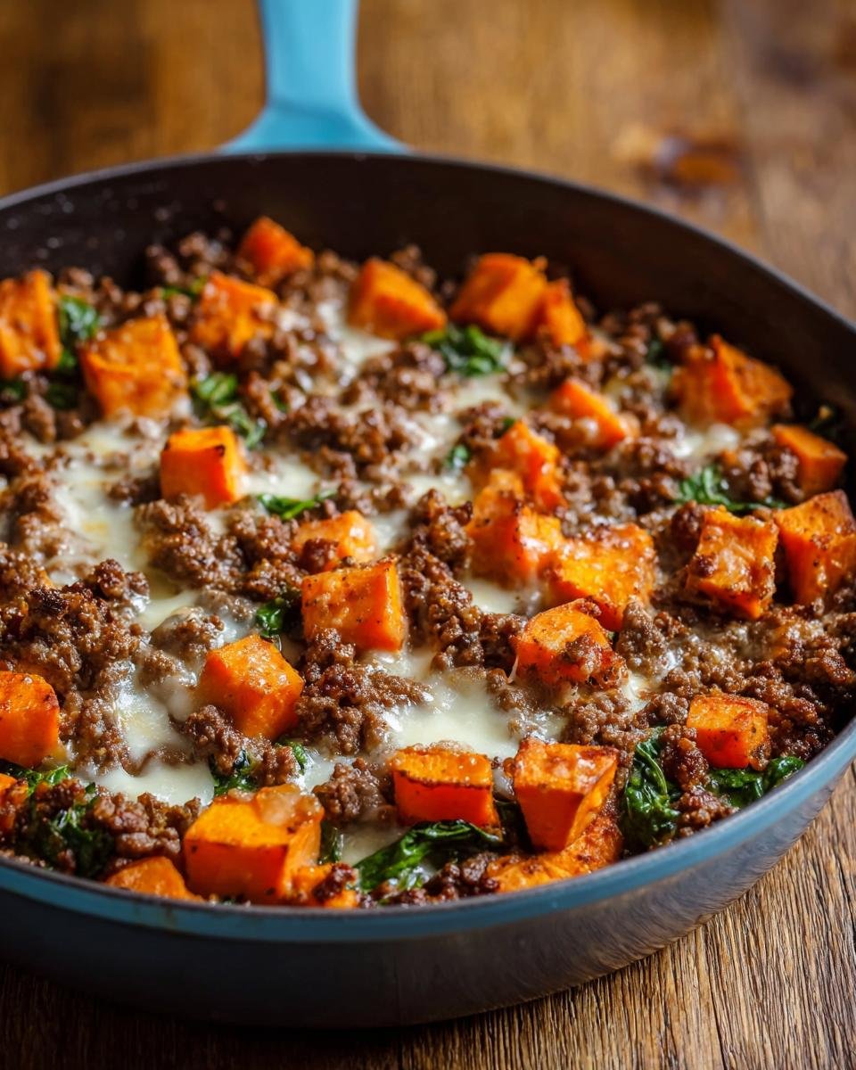 Gros plan d'une poêlée de bœuf haché et patate douce avec du fromage fondu.