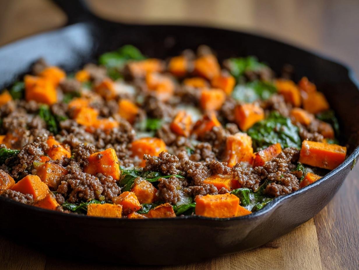Poêlée de bœuf haché et patate douce dans une poêle en fonte, garnie d'épinards.