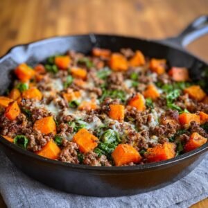 Gros plan d'une poêlée de bœuf haché et patate douce dans une poêle en fonte, garnie de fromage fondu.