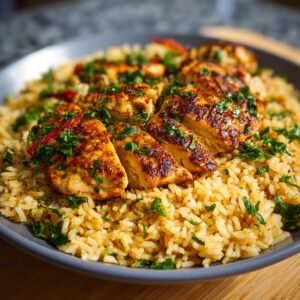 Gros plan sur du poulet à l'ail tranché servi sur un lit de riz protéiné, garni de persil frais.