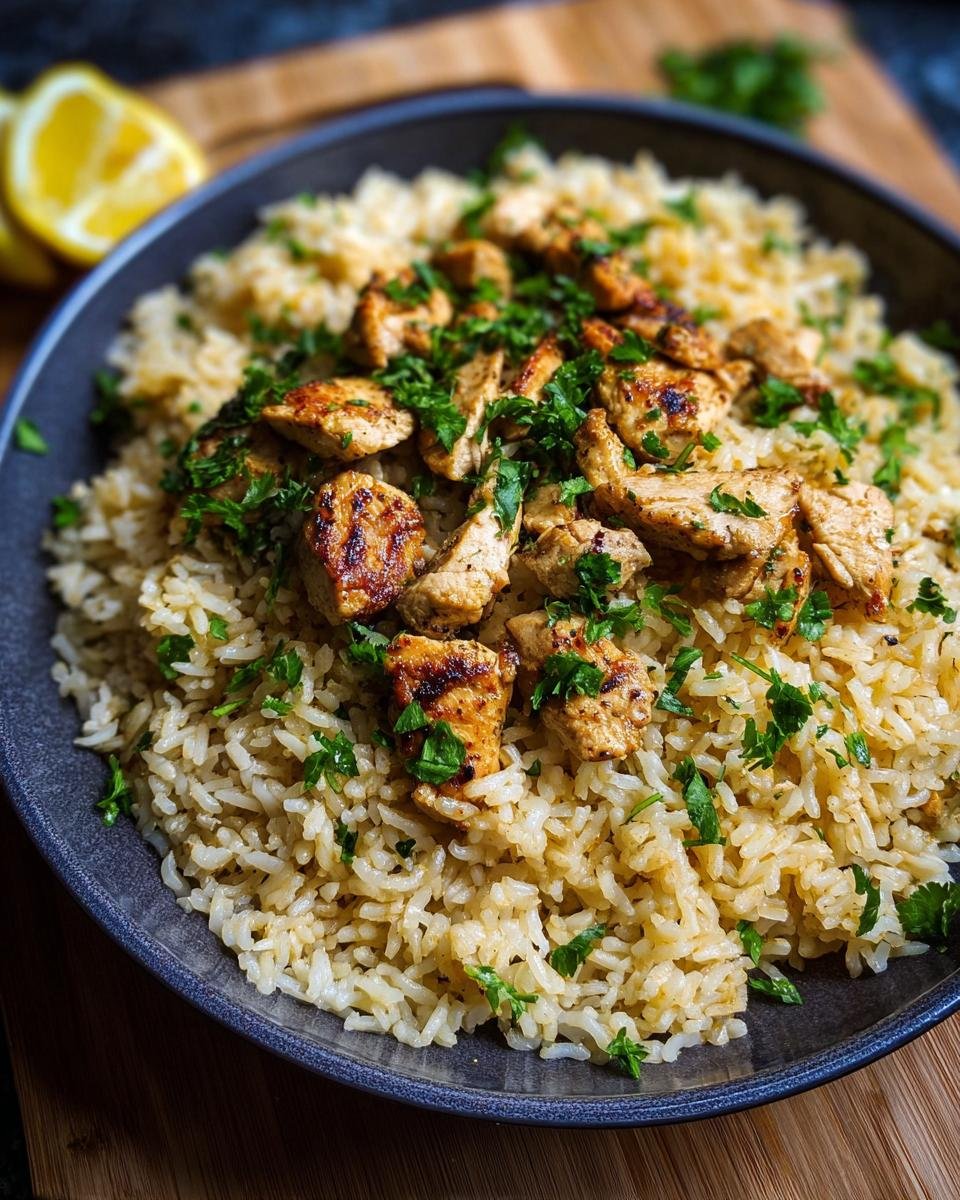 Gros plan d'un plat de poulet à l'ail et riz protéiné, garni de persil frais.
