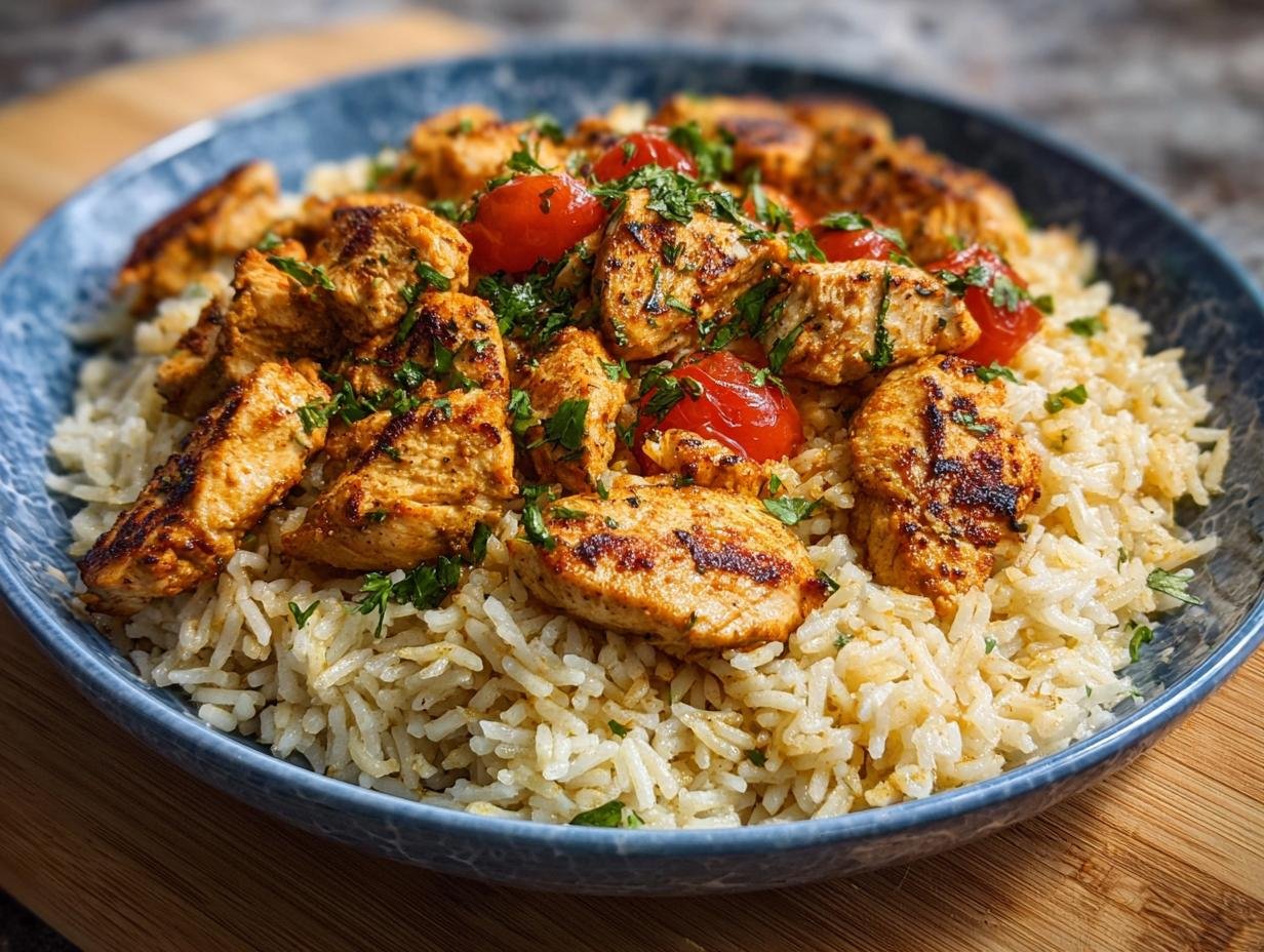 Gros plan sur un plat de poulet à l'ail grillé servi sur du riz blanc, garni de tomates cerises et de persil.