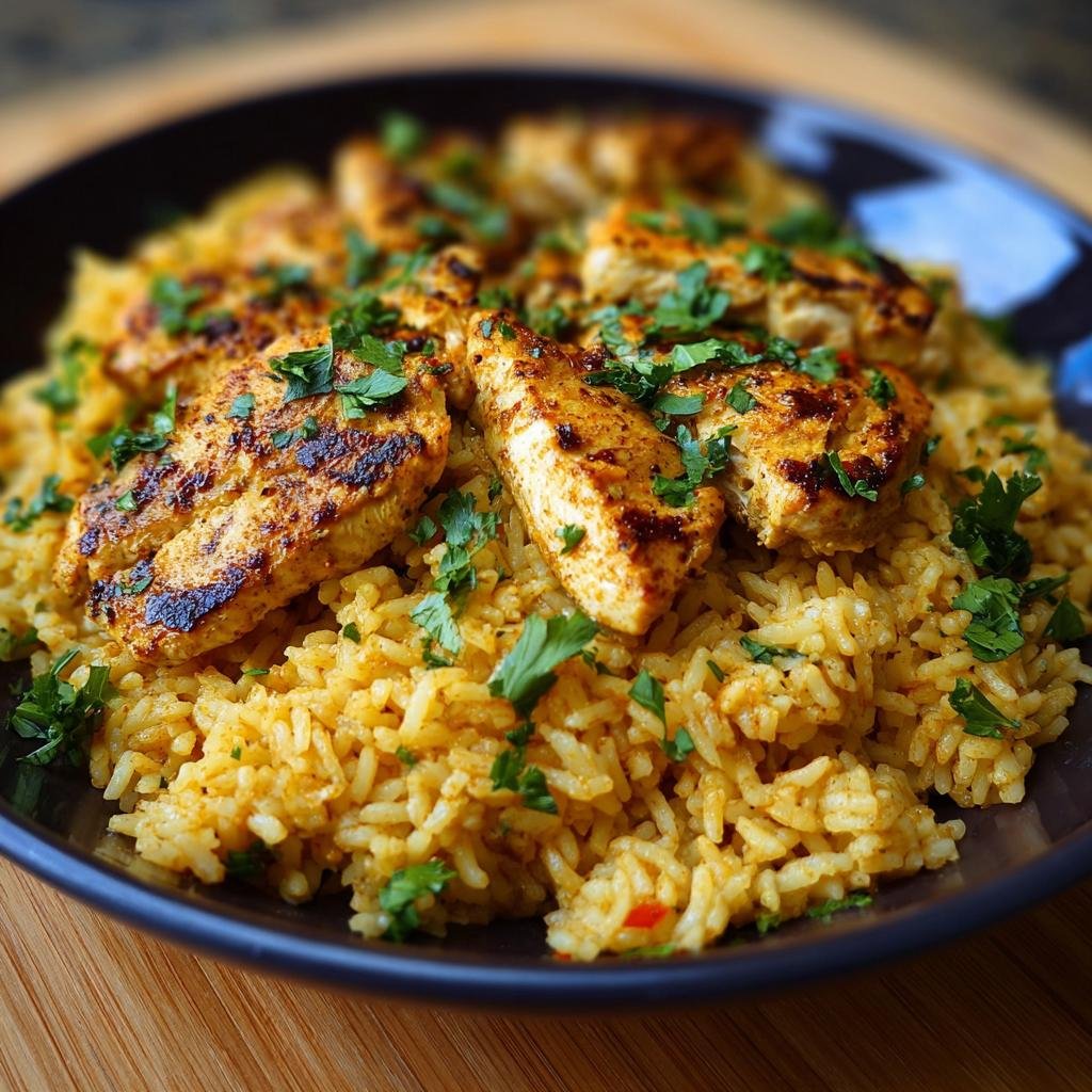 Gros plan sur un plat de poulet à l'ail et riz protéiné garni de persil frais.