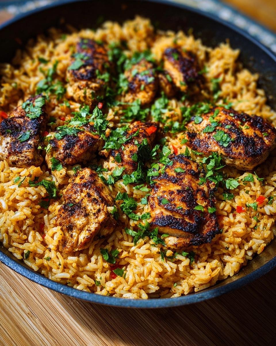 Gros plan sur du poulet à l'ail grillé servi sur un lit de riz protéiné, garni de persil frais.