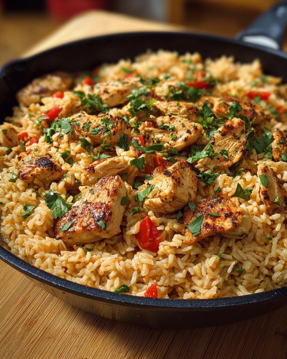 Gros plan de poulet à l'ail et riz protéiné garni de persil frais dans une poêle.