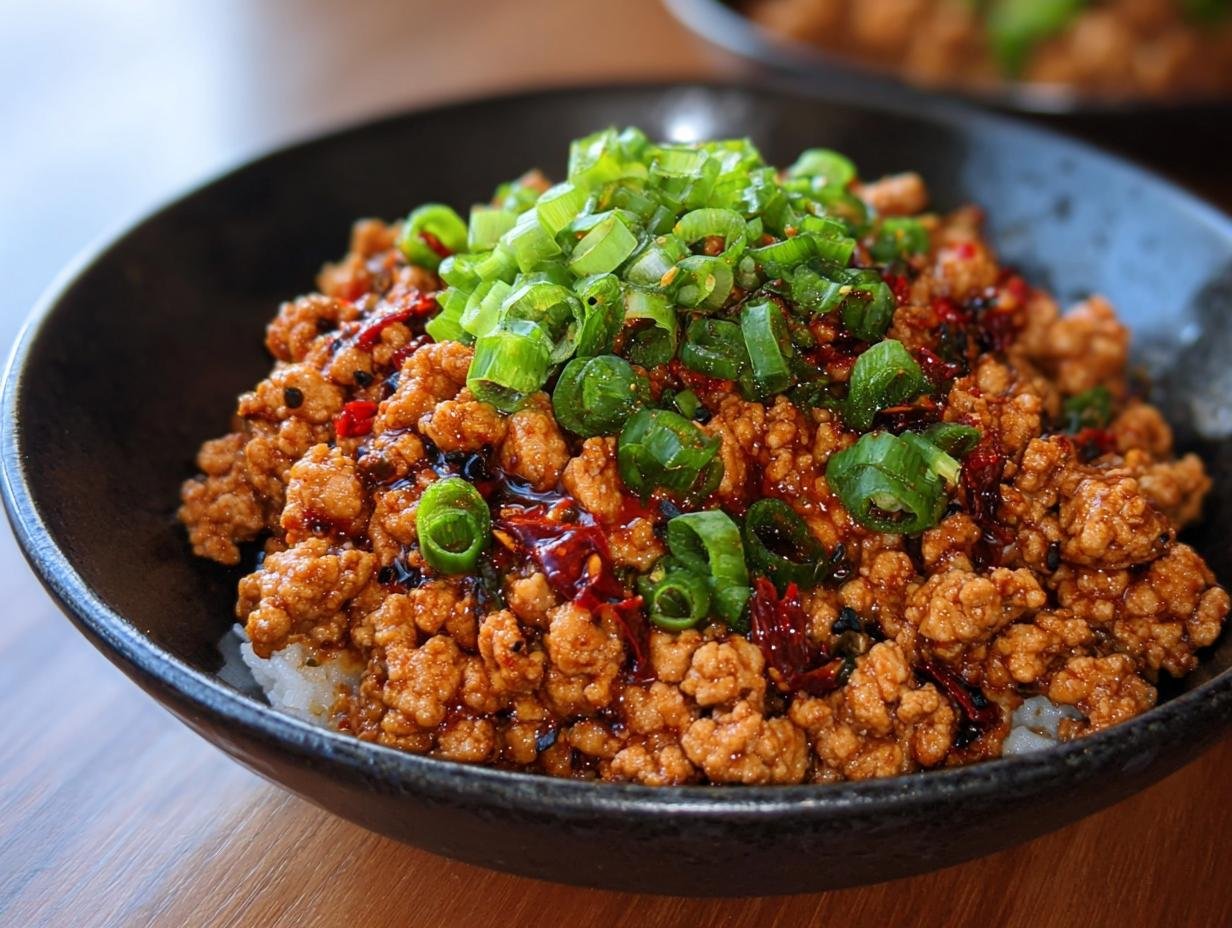 Gros plan d'un bol de poulet haché épicé servi sur du riz blanc, garni de ciboule fraîche.