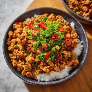 Un bol de riz blanc garni de poulet haché épicé, de piments rouges et d'oignons verts.