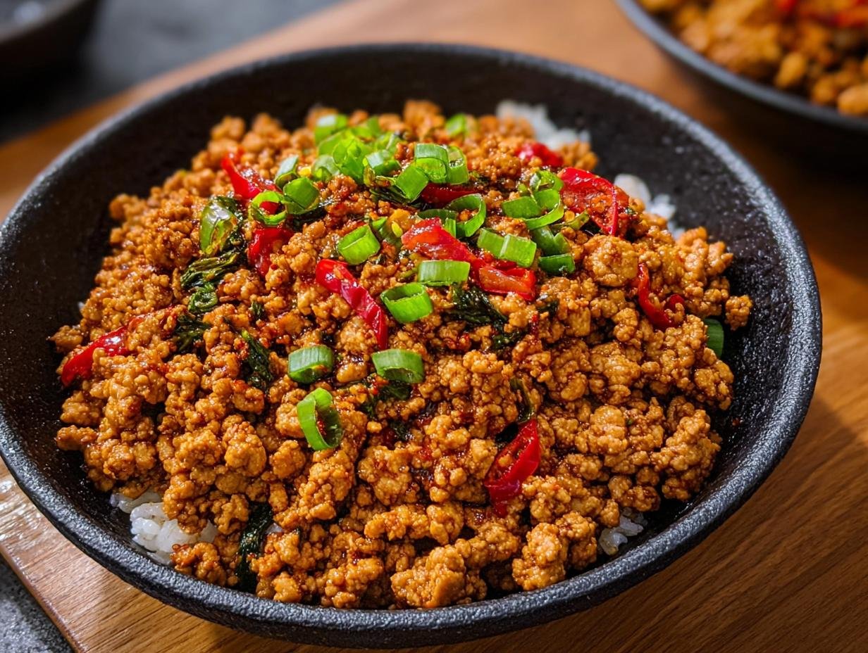 Gros plan d'un bol de poulet haché épicé garni d'oignons verts et de piments sur du riz blanc.