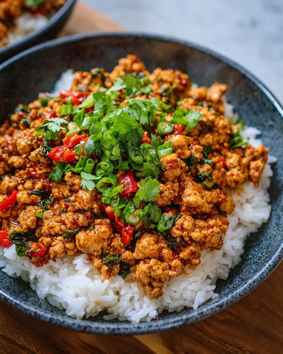 Gros plan d'un bol de poulet haché épicé garni de coriandre et d'oignons verts, servi sur du riz blanc.