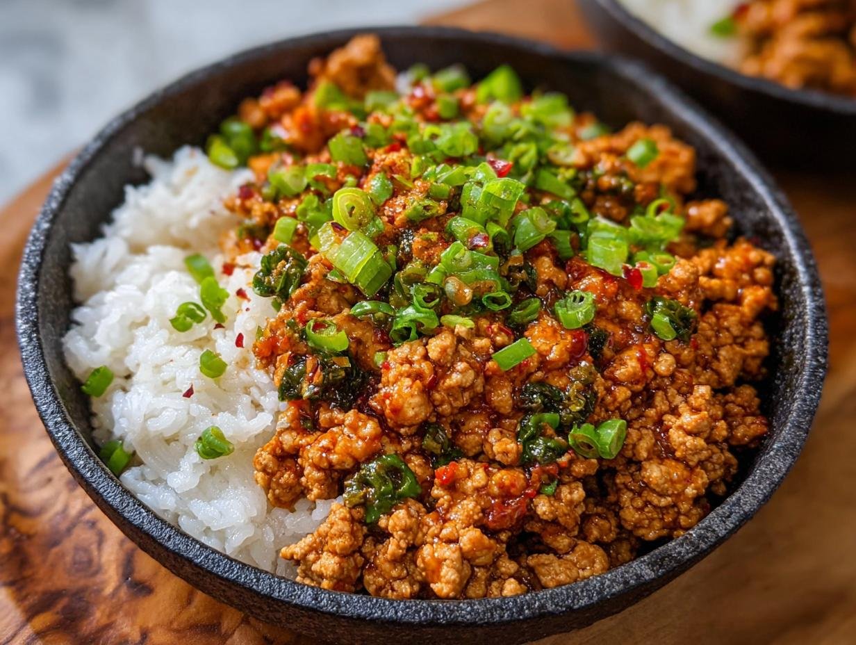 Un bol de riz blanc garni de poulet haché épicé et d'oignons verts.