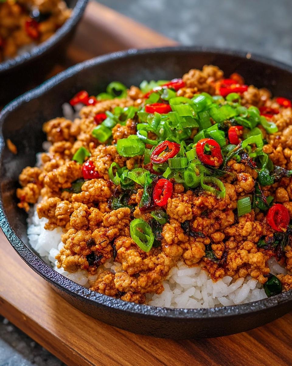 Gros plan d'un bol de riz blanc garni de poulet haché épicé, de piments rouges et d'oignons verts.