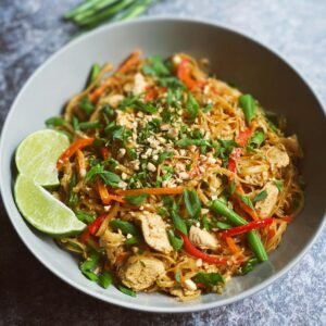 Plat de poulet Pad Thaï sain avec des nouilles, du poulet, des légumes et des cacahuètes concassées, garni de quartiers de citron vert.