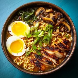 Un bol de ramen au poulet avec des nouilles, des œufs mollets, des champignons, des épinards et des oignons verts.