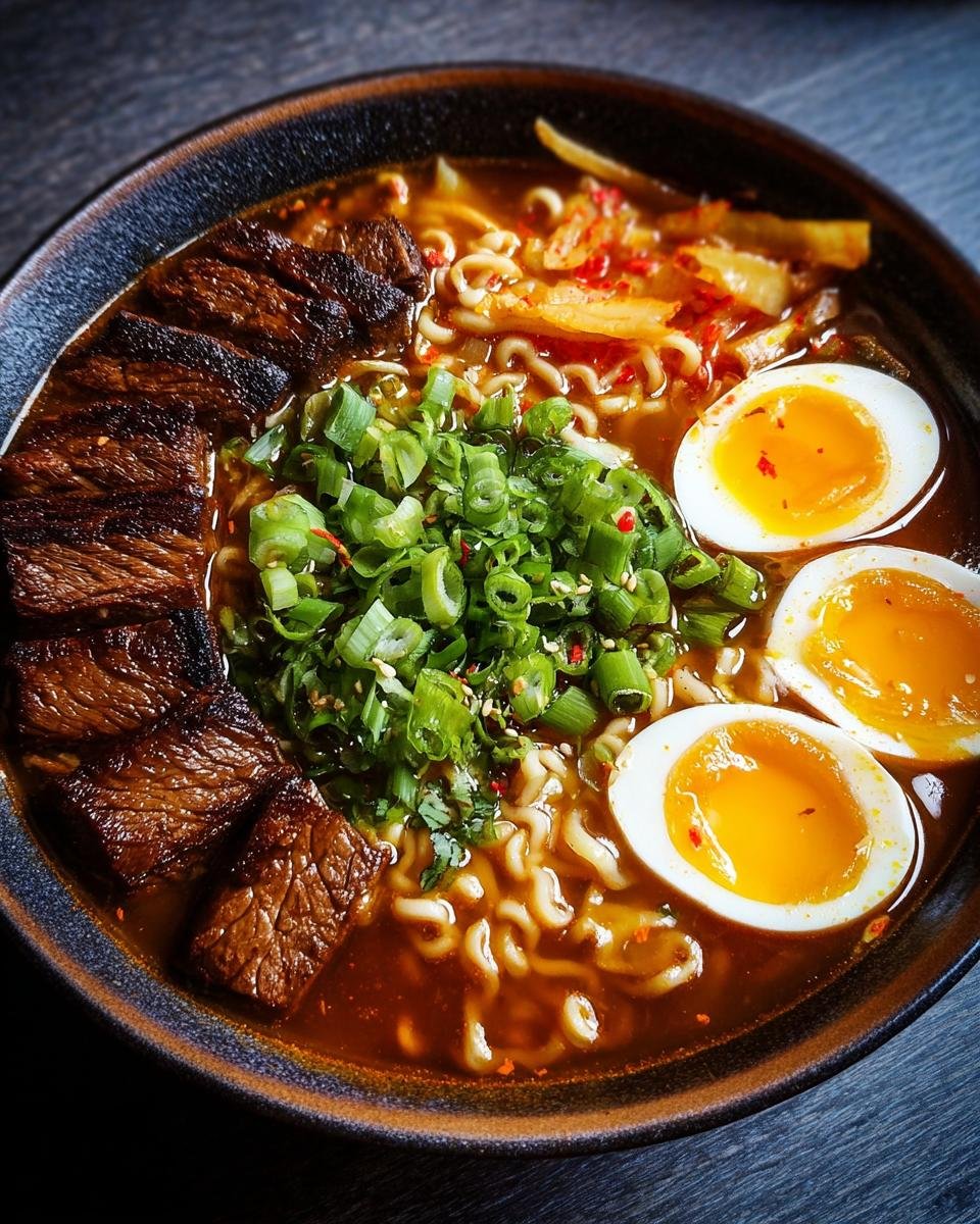 Bol de ramen haute protéine Gordon Ramsay avec tranches de bœuf grillé, œuf mollet, oignons verts et kimchi.