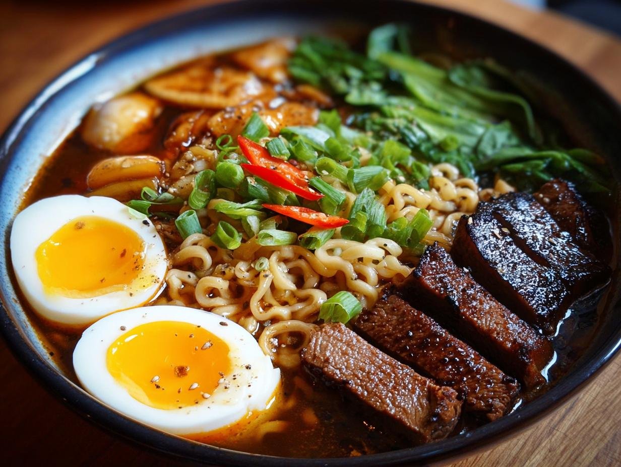Gros plan d'un bol de ramen haute protéine Gordon Ramsay avec des tranches de bœuf, des œufs à moitié cuits et des légumes verts.