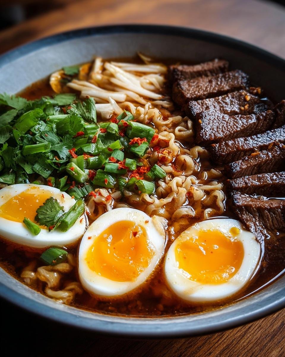 Gros plan d'un bol de ramen haute protéine Gordon Ramsay avec des nouilles, du bœuf tranché, des œufs mollets et des oignons verts.