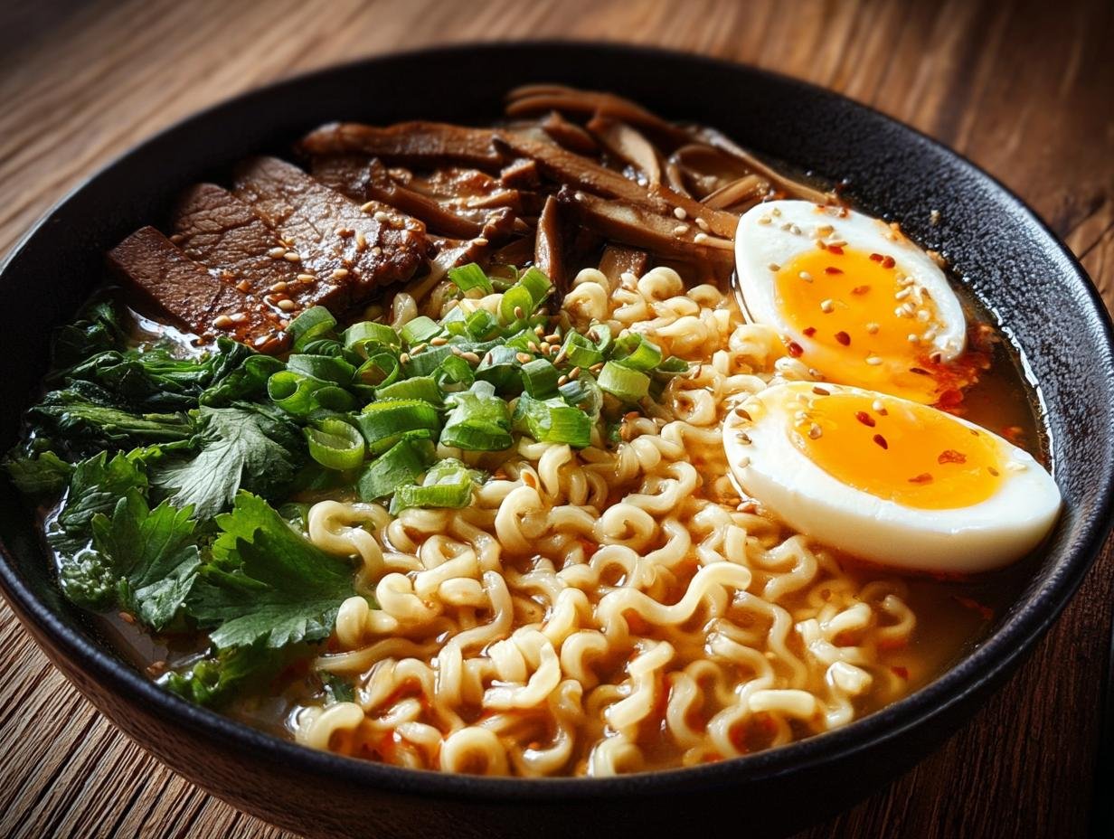 Bol de ramen haute protéine Gordon Ramsay avec nouilles, œuf, viande et légumes verts.