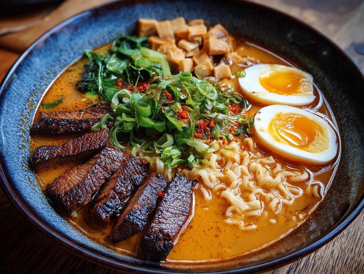Bol de ramen haute protéine Gordon Ramsay avec tranches de bœuf, œufs mollets et légumes verts.