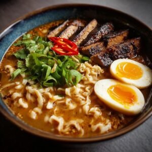 Gros plan sur un bol de ramen haute protéine Gordon Ramsay avec des nouilles, des tranches de viande, des œufs mollets et des piments.