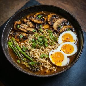 Gros plan d'un bol de ramen au miel et à l'ail avec des nouilles, des champignons, des asperges et des œufs mollets.