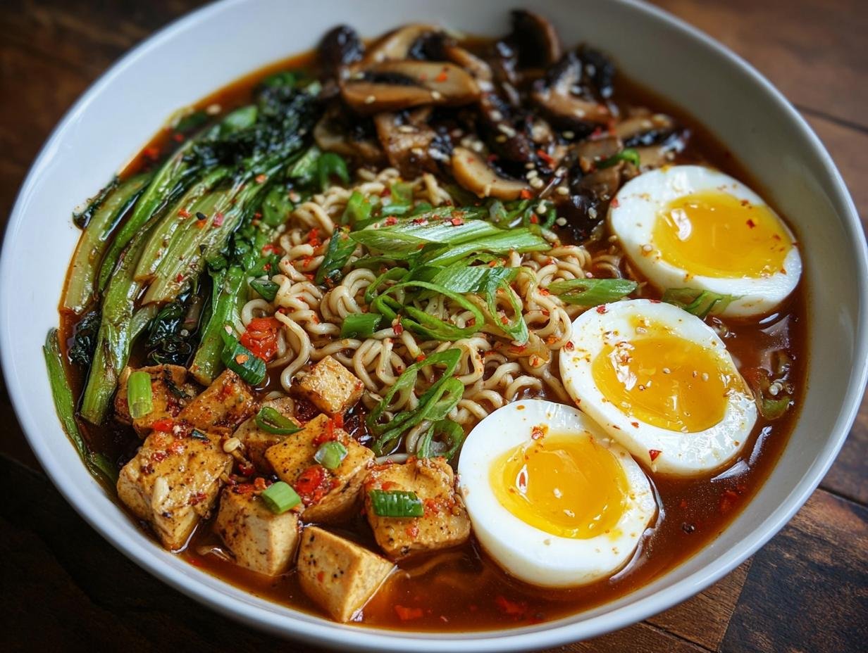 Bol de ramen au miel et à l'ail avec œufs mollets, tofu, champignons et légumes verts.