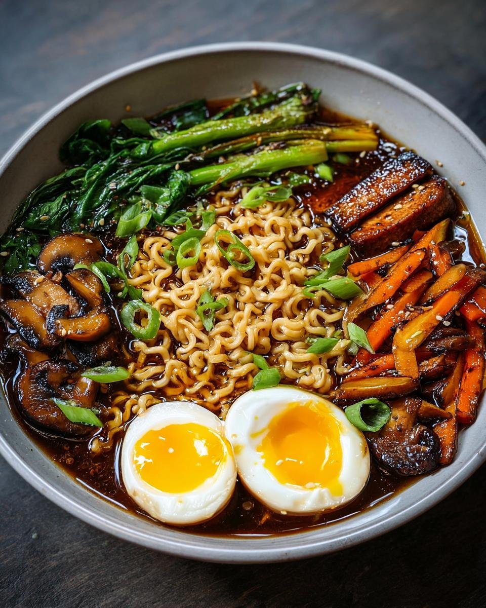 Bol de ramen miel ail garni de nouilles, œufs mollets, champignons, carottes et légumes verts.