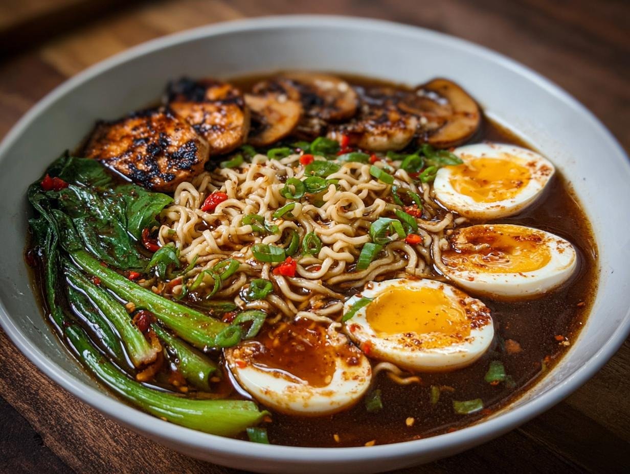 Un bol de ramen au miel et à l'ail avec des œufs mollets, des champignons grillés et du bok choy.