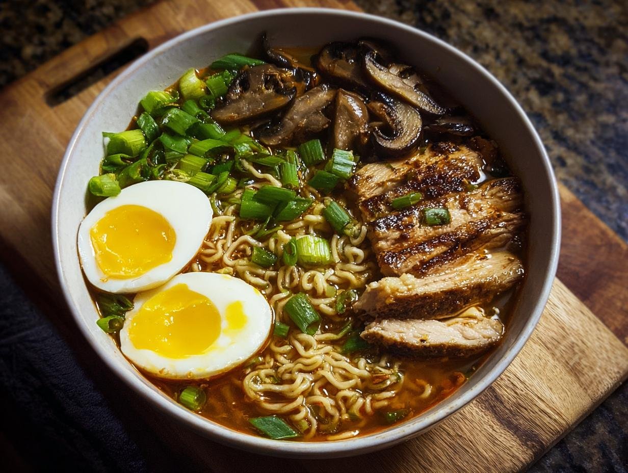 Un bol de ramen au poulet et champignons, garni d'œufs mollets, d'oignons verts et de champignons.